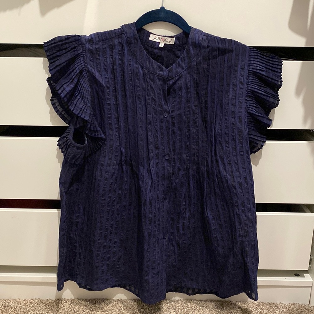 Joy Joy navy top with ruffled sleeves